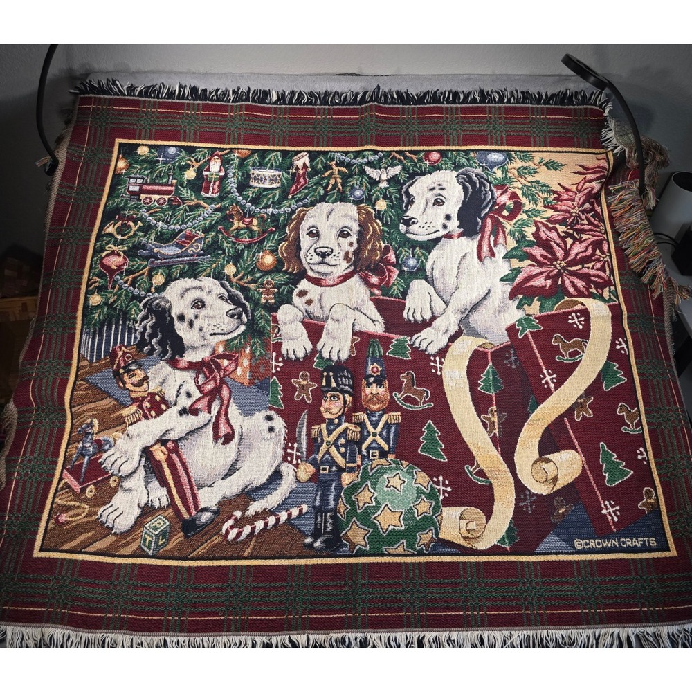 Vintage Crown‎ Crafts Christmas Puppies Dog Holiday Throw Blanket Tapestry